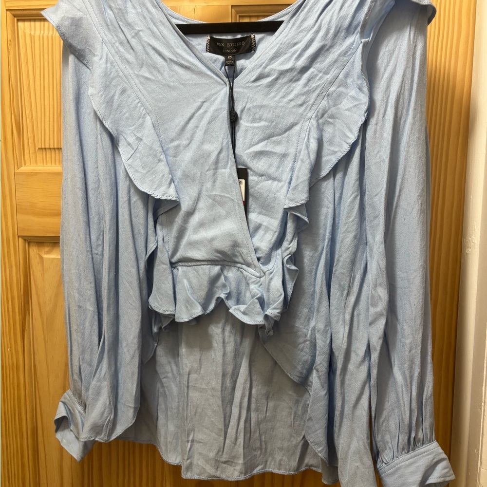 Max Studio Blue Ruffled Long Sleeve Blouse